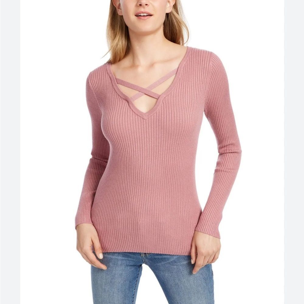 Hippie Rose Pink Ribbed Sweater w/ Cross Chest Strap Detailing- Size Small